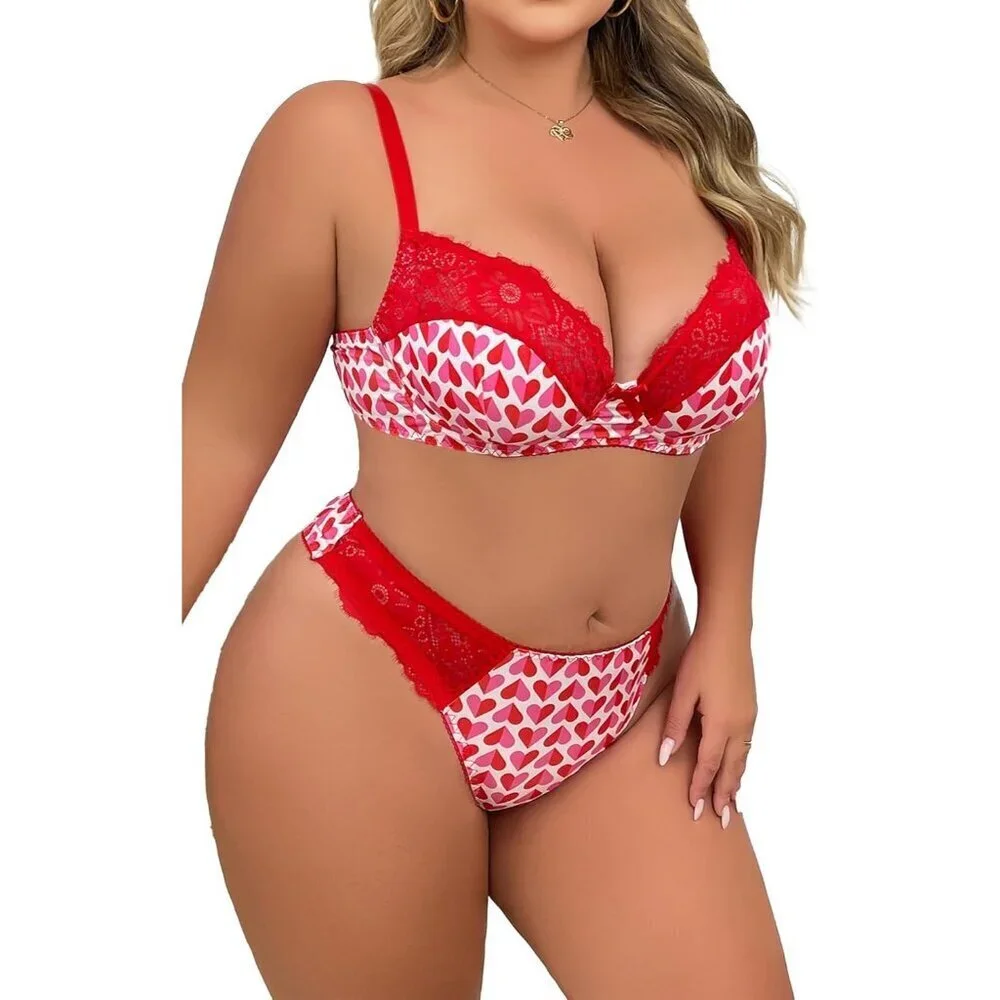 WOMEN'S Red Heart Sexy Lace Push Up Bra & Babydoll Nightwear Lingerie Set